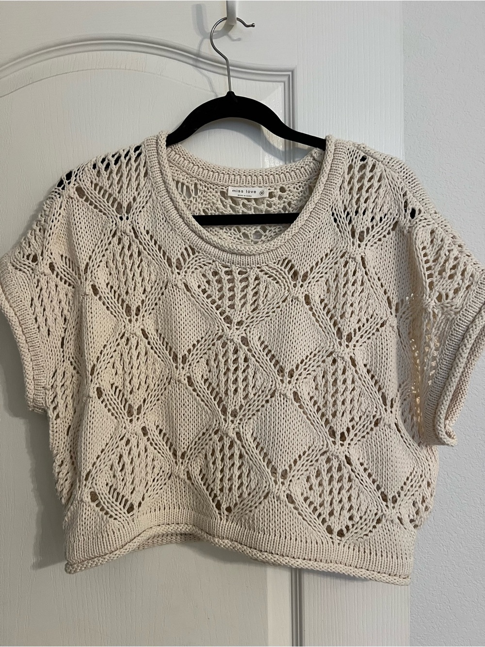 Miss Love Cream Openwork Crochet Scoopneck Sweater